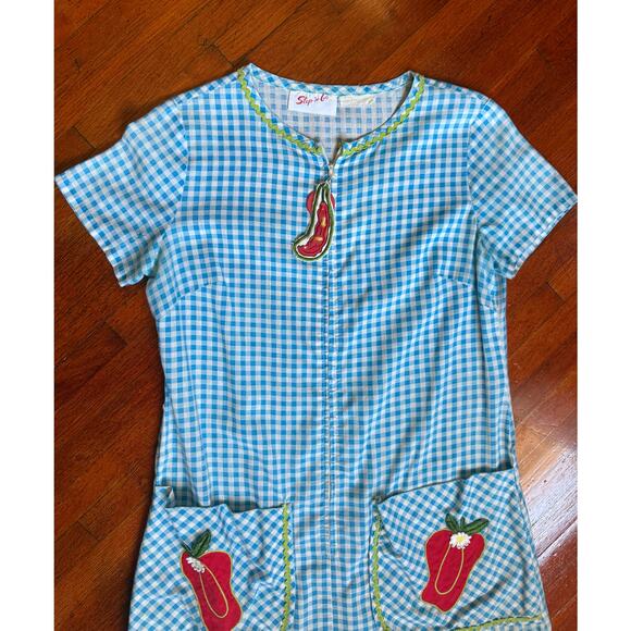 Vintage 70’s Blue White Gingham Chili Pepper House Coat Whimsy Dress Small Med - Picture 4 of 5